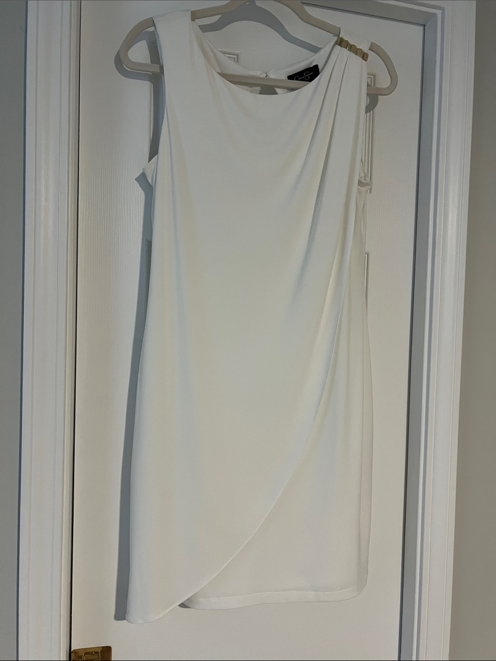 Jessica Simpson White Draped Shift Dress with Gold Accents